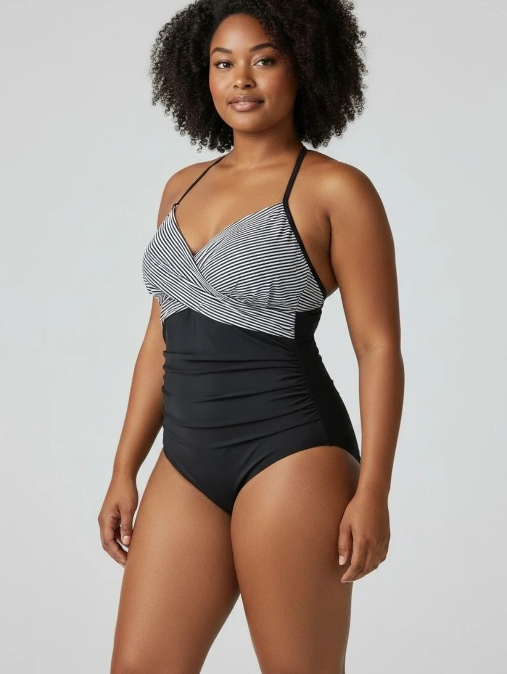 B2PRITY Women's One Piece Swimsuit Striped Black White Adjustable Strap XL